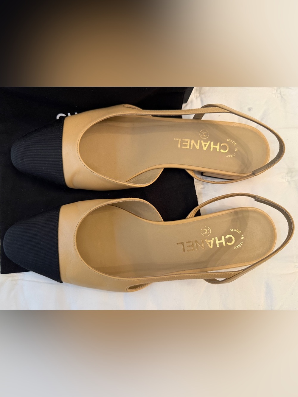 CHANEL Two-Tone Beige and Black Slingback Flats